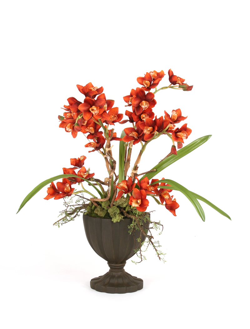 Silk Rust Cymbidium Orchids in a Tall Iron Finish Fluted Oval Urn