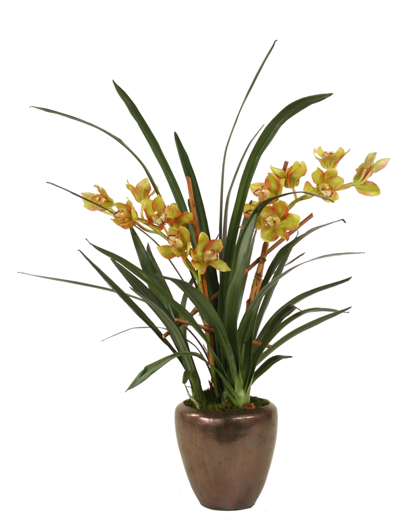 Silk Green Cymbidium Orchids with Blades in Bronze Modern Planter