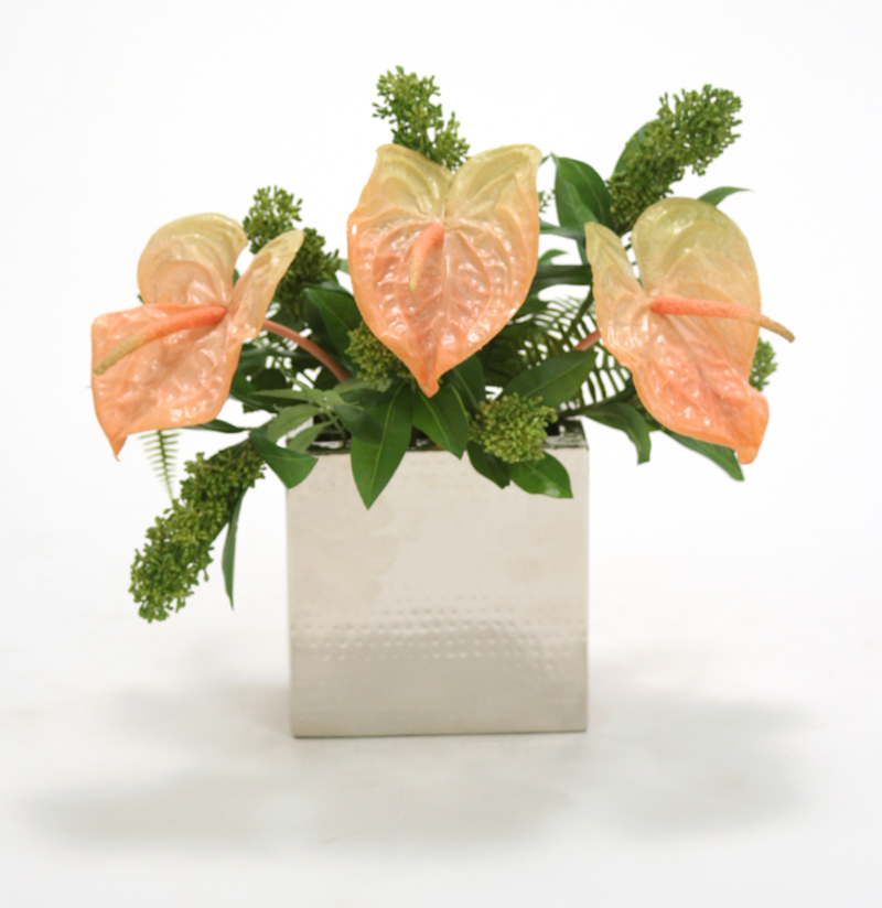 Silk Salmon Antheriums with Skimmia in a Nickel Pillow Vase