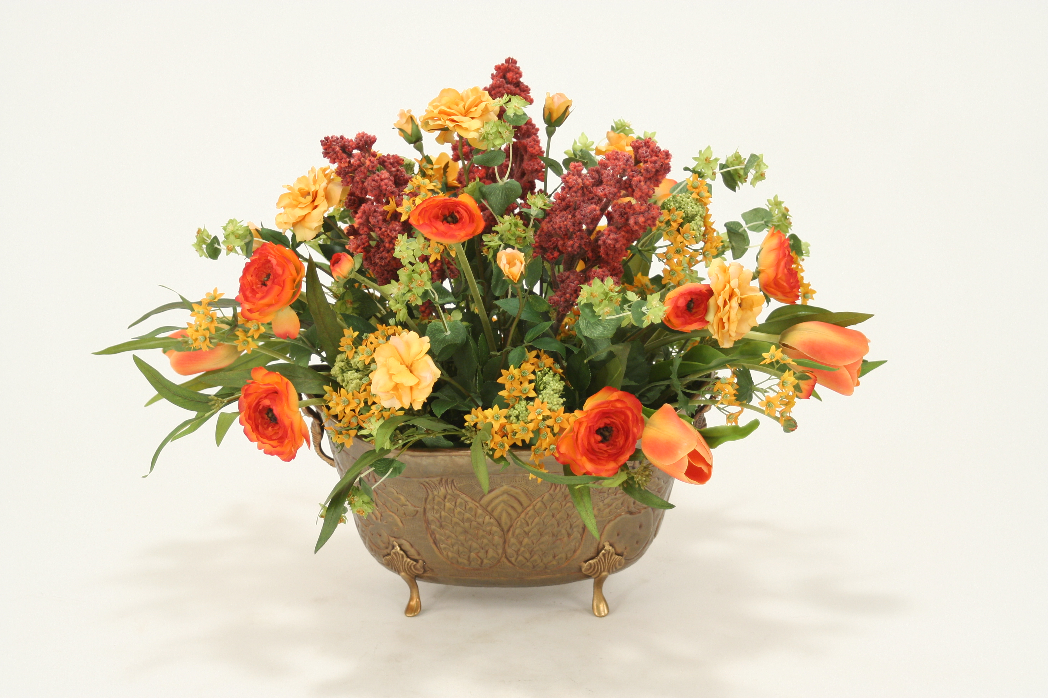 Fall-Toned Tulips, Roses, Ranunculas, Foliage in Antique Brass Pineapple Embossed Planter