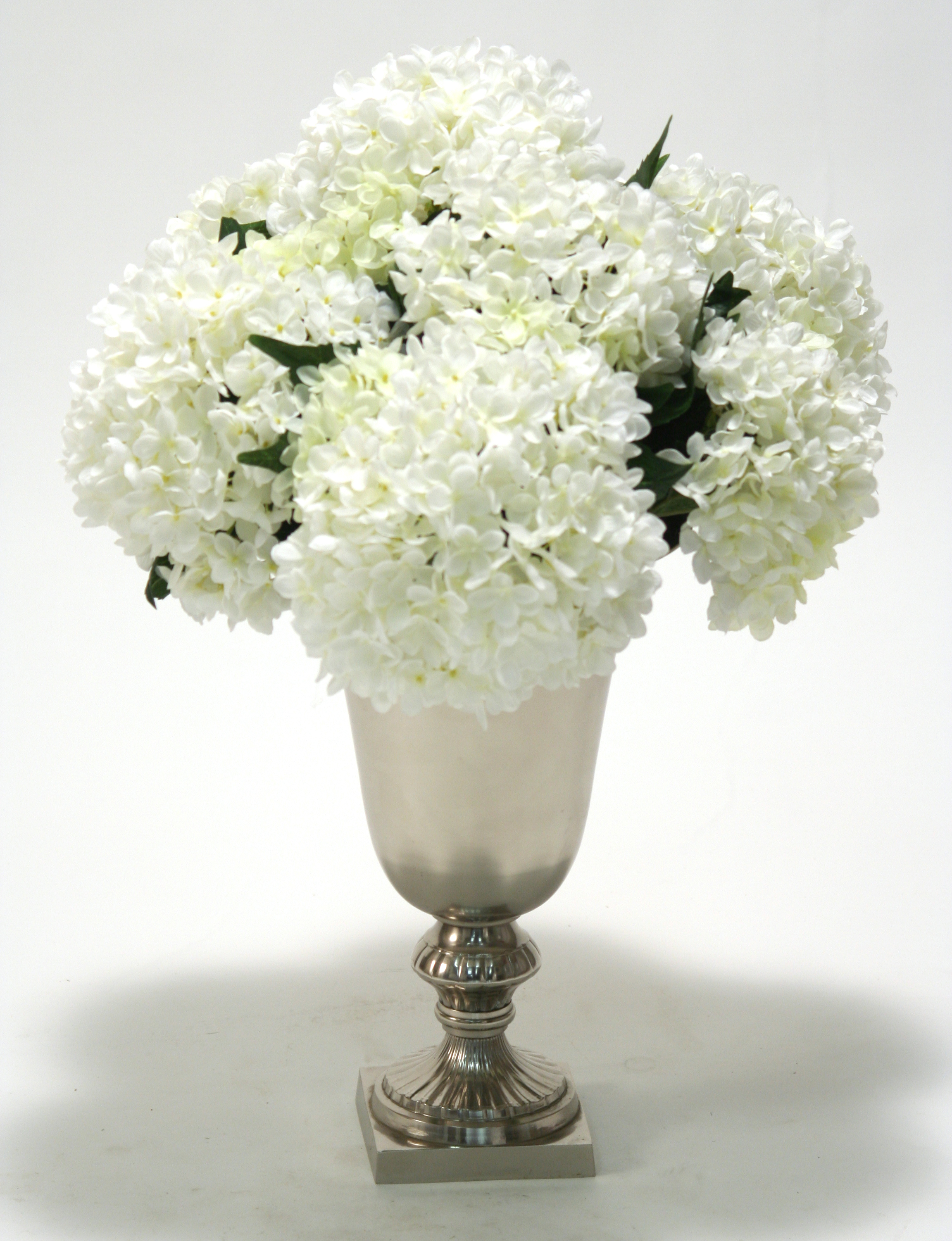 Silk White Hydrangeas in Classic Silver Urn Free Shipping in USA