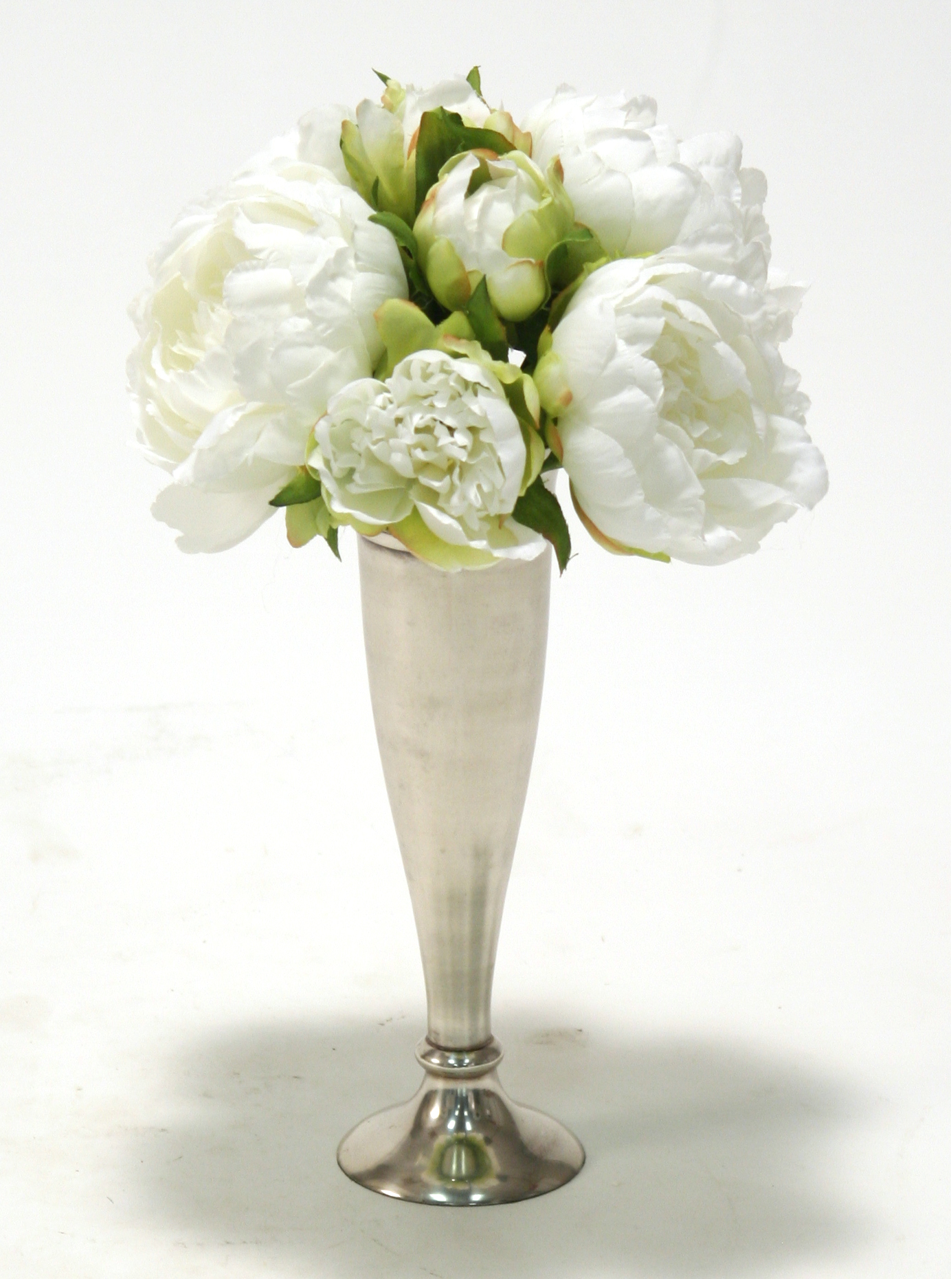 Silk White Peony Bouquet in Silver Trumpet Vase | Free Shipping in USA