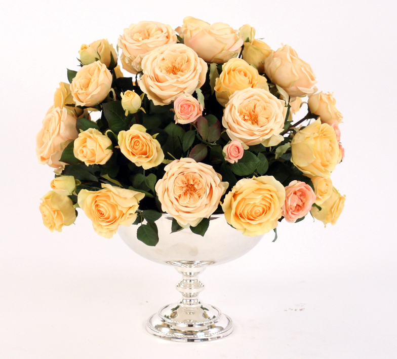 Silk Yellow Roses in Shiny Silver Compote