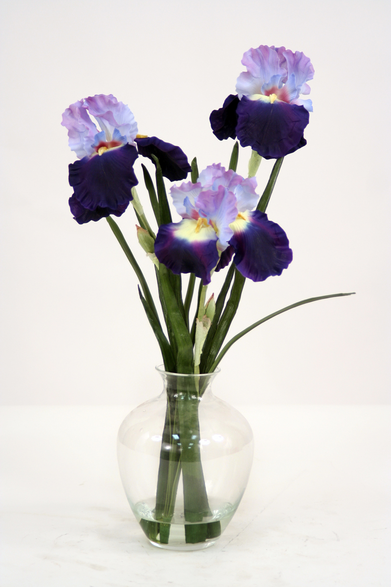 Waterlook ® Silk Purple-Blue Bearded Iris with Blades in a Victorian Glass Vase