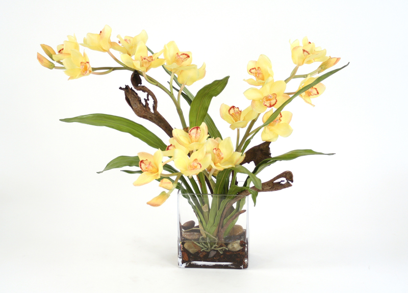 Waterlook ® Silk Yellow Orchid Plant with Blades and Natrag in a Rectangular Clear Vase