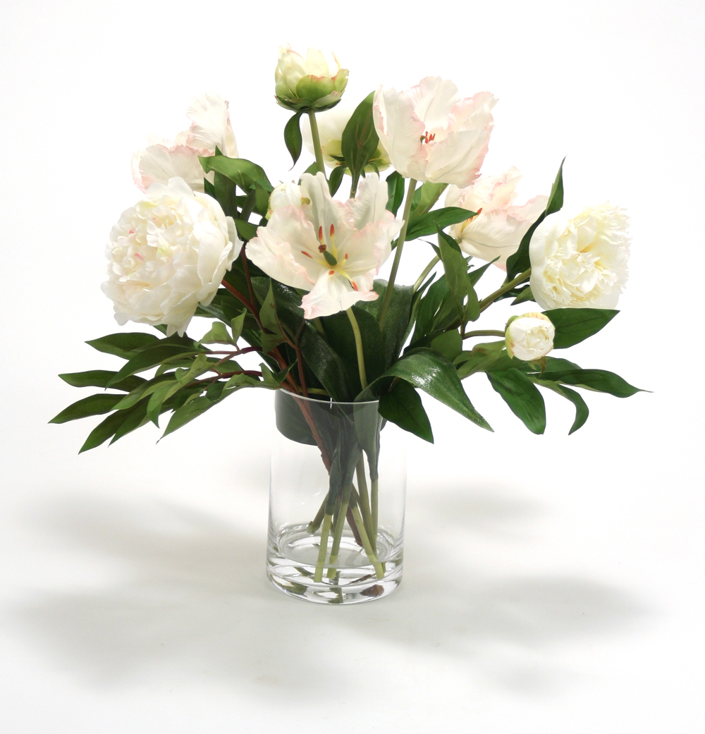 Waterlook ® Silk White Peonies and Parrot Tulips in a Tall Glass Cylinder