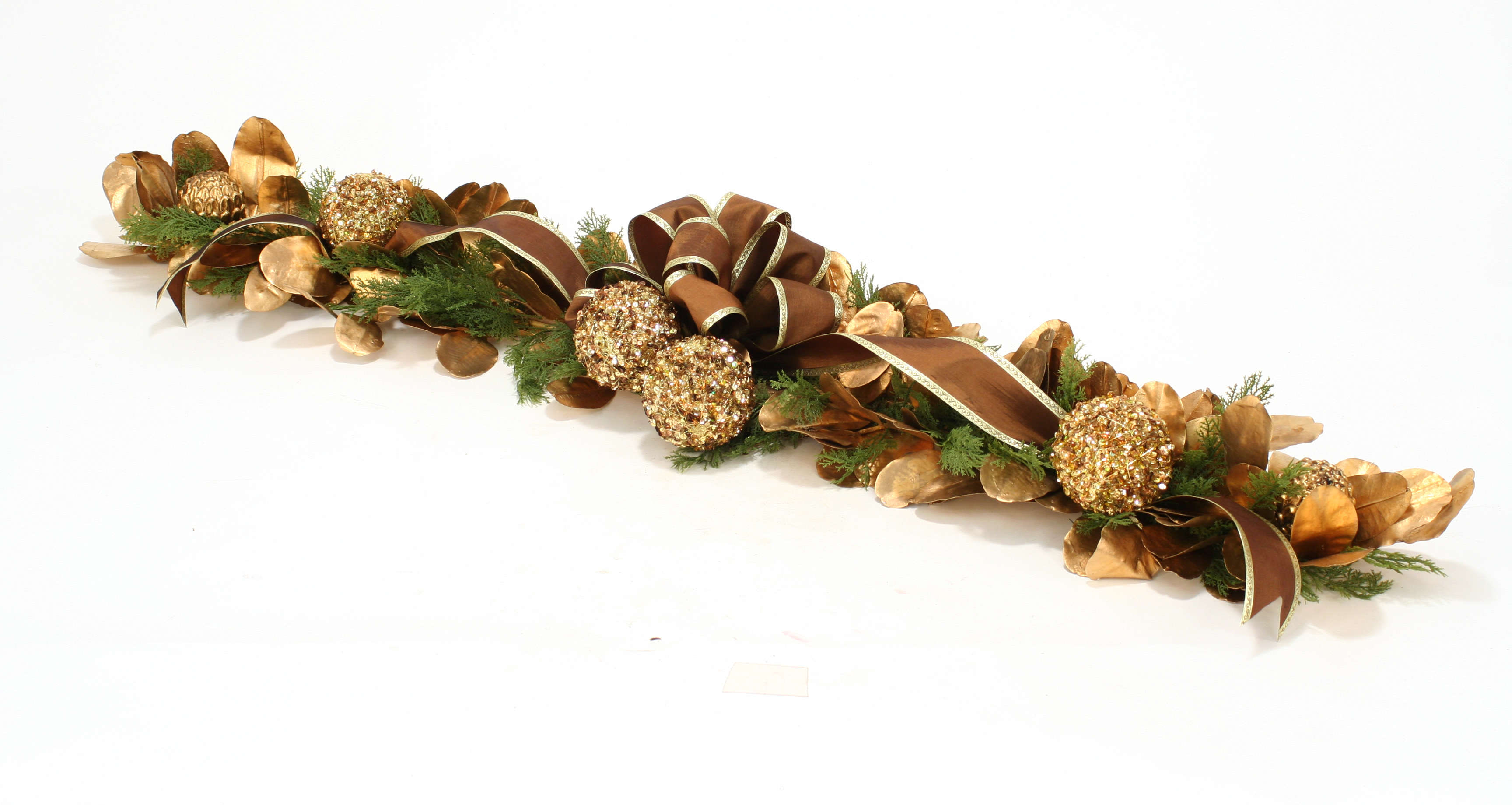 Over The Top - 58' Bronze & Sequined Gold Laurel Leaf & Cedar Garland with Nutmeg and Gold Trimmed Ribbon
