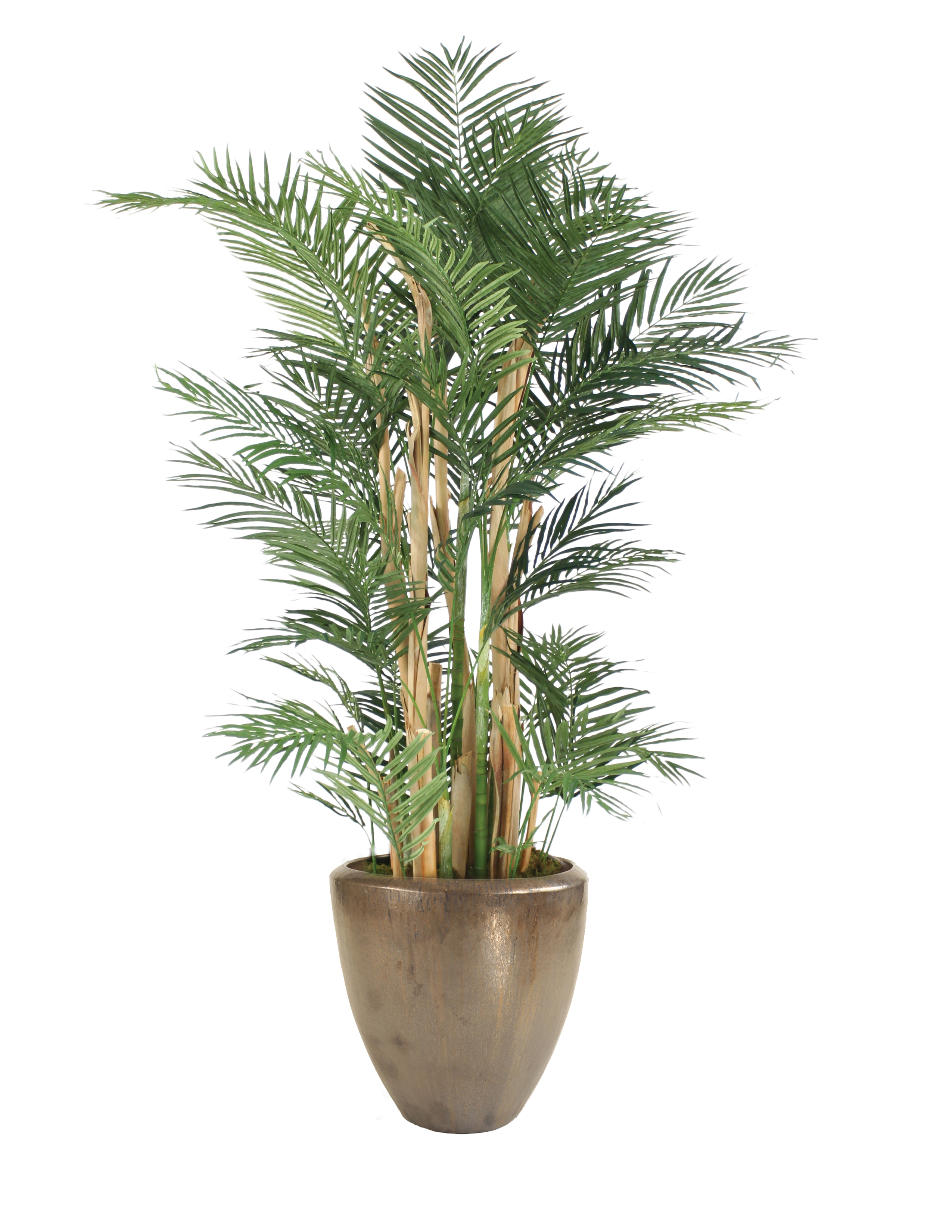 7.5' Areca Palm Tree with Natural Trunks in Large Metallic Bronze Modern Stoneware Planter