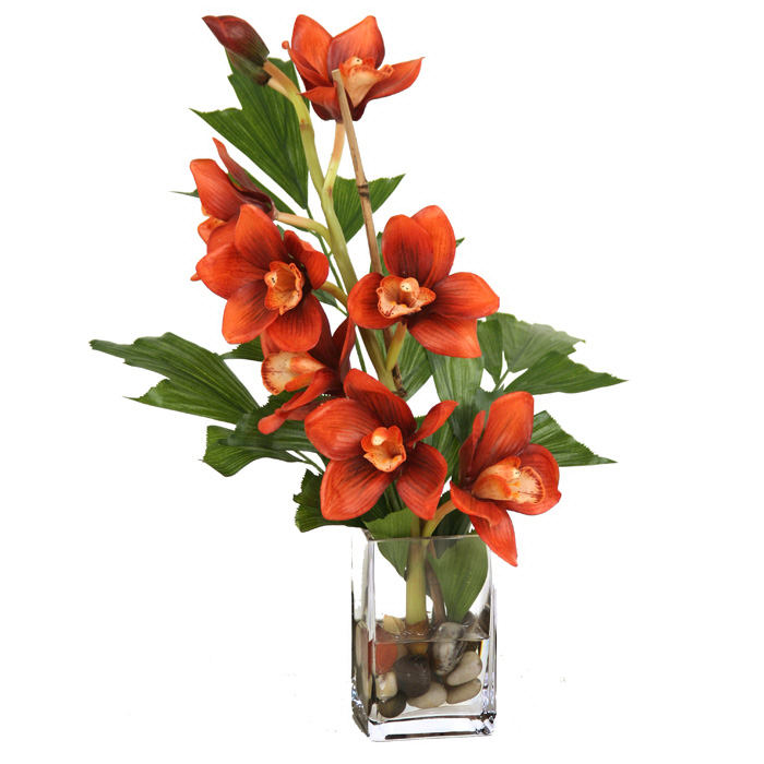 Waterlook ® Silk Rust Orchid with Fishtail Palm in a Small Vase