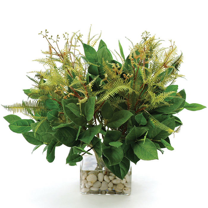 Waterlook ® Silk Bay Leaf Foliage with Ferns in a Square Glass Vase