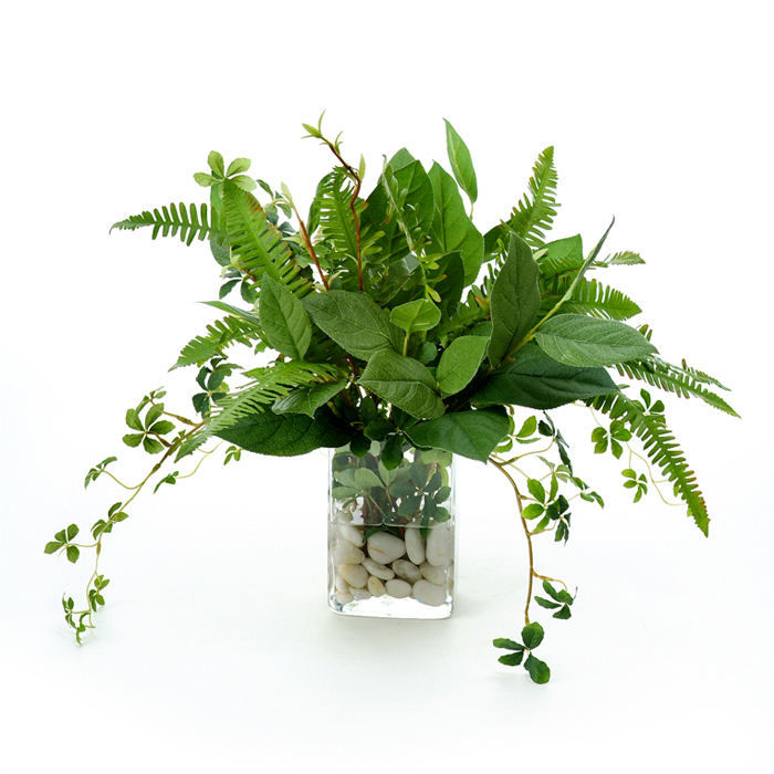 Waterlook ® Silk Bay Leaf Foliage, Ferns and Willow in a Small Glass