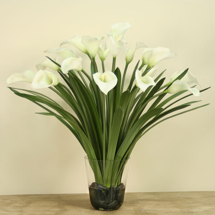 Waterlook ® Silk White Calla Lilies with Blades in a Tapering Glass Vase