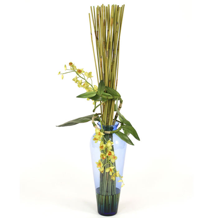 Orchid and Leaf Enthined Reed Bundle in Tall Azure Blue Vase Free Shipping in USA