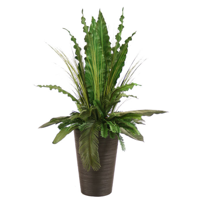 Silk Tropical Leaves with Grass and Palms in Rattan Floor Planter Free Shipping in USA