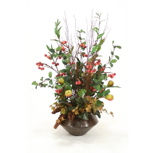 Faux Crabapple Sprays, Feathers, Pine Cones and Greenery in a Riveted Metal Planter