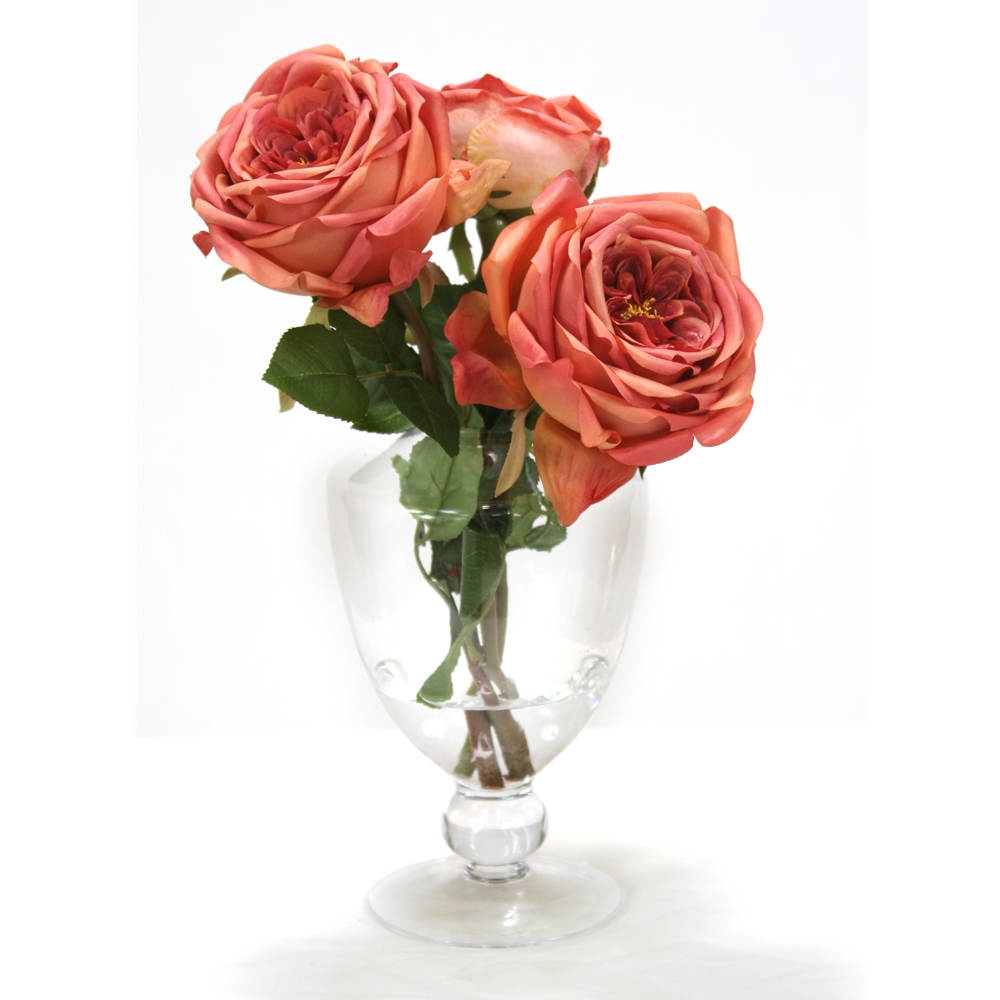 MAUVE ROSES IN CLEAR GLASS URNWITH BALL STEM