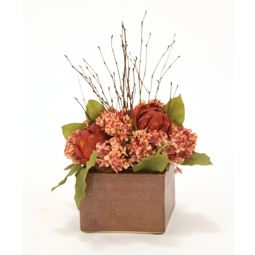 Rust Toned Fall Mix of Silk Hydrangeas, Twigs and Leaves with Natural Products