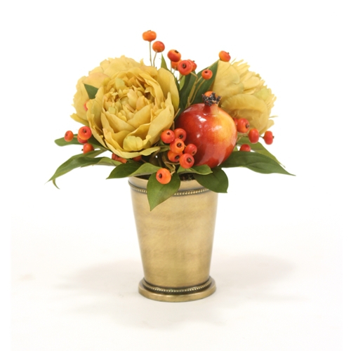 Silk Antique Gold Peonies And Red Pomegranates In A Brass Mint