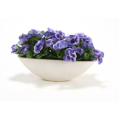 Silk Blue Pansies in a Small Oval White Stoneware Planter Free
