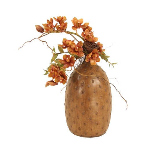 Silk Brown Cymbidium Orchids with Pods in a Large Cork Vase