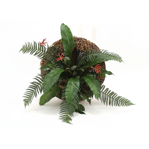 Burgundy Bromeliad with Mixed Greenery in Dark Brown Round Crazy Weave Wall Basket