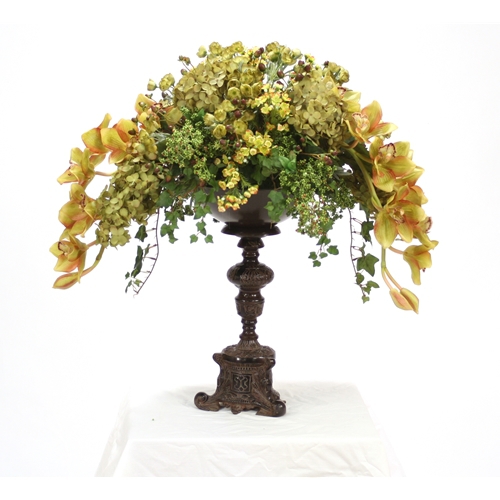Silk Green-Brown Foliage and Floral Mix on an Ornate Espresso Pedestal