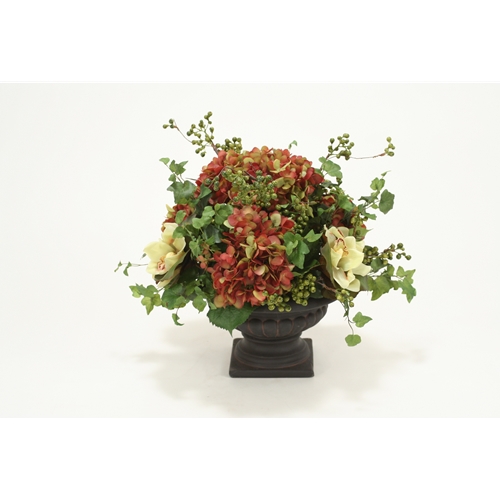 Rose Green Hydrangeas Green Orchids & Berries in Compote