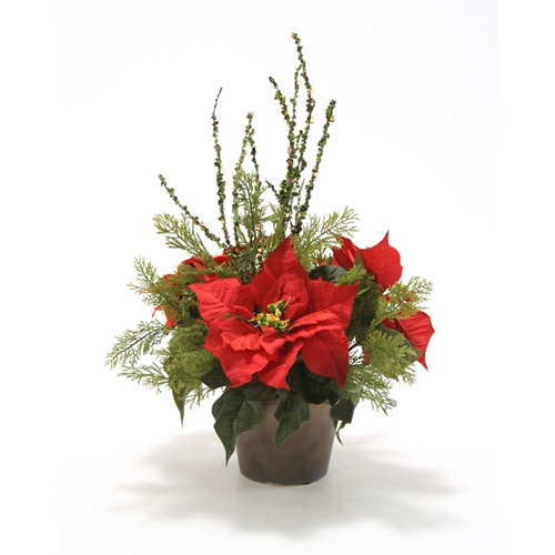 Silk Red Poinsettias with Cedar in a Rustic Bronze Pot Free Shipping