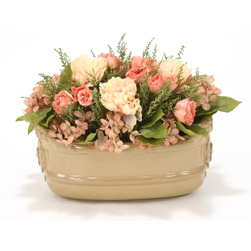 Silk Roses and Hydrangeas in Small Oval Milu Tan Planter