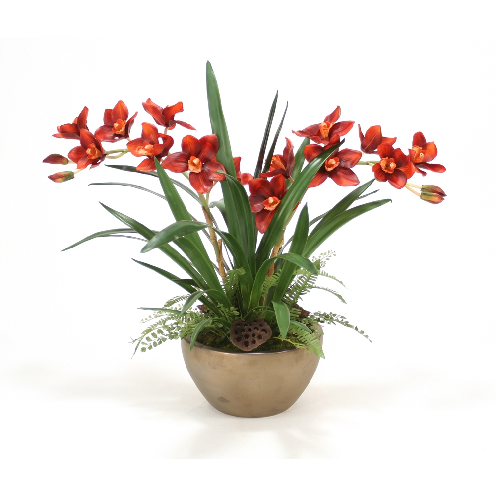 Silk Rust Cymbidium Orchids, Grass and Fern in a Bronze Bowl | Free ...