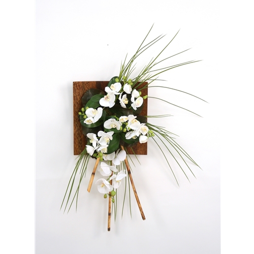 Wall Hanging with Silk Orchids, Bamboo and Grass in a Wood Sushi Tray (LEFT Facing)
