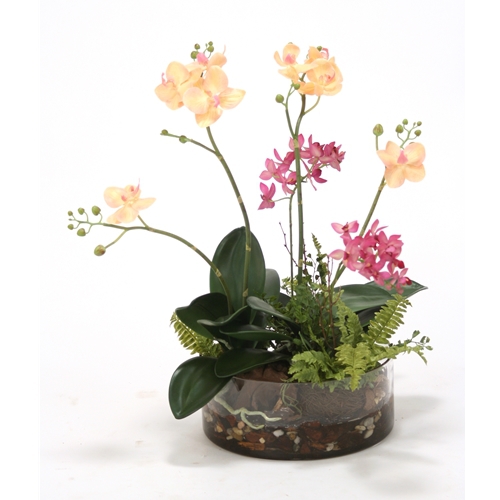Waterlook ® Fuschia Silk Orchid Garden with Orchid Bark in Low Glass Bowl with Water and Rocks