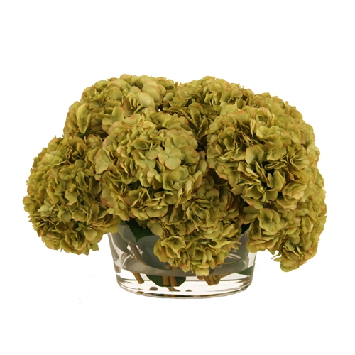 Waterlook ® Puddled Silk Green Hydrangeas in an Oval Glass Bowl