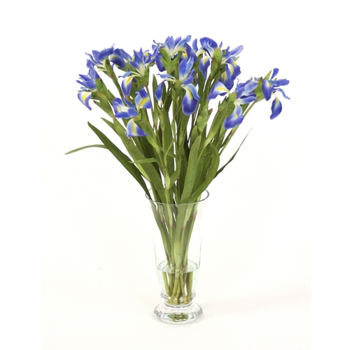 Waterlook ® Silk Blue Iris in a Footed Glass Vase