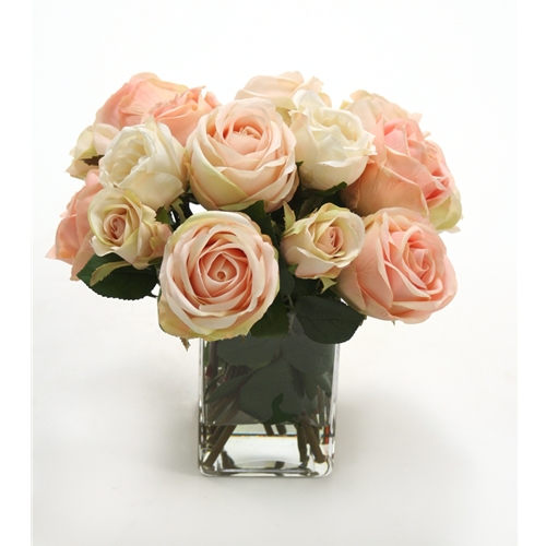 Waterlook ® Silk Cream-Pink Roses in a Clear Glass Square