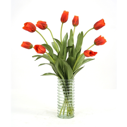 Waterlook ® Silk Red-Orange Tulips in a Ribbed Light Green Vase
