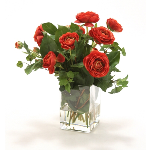 Waterlook ® Silk Rust-Red Ranunuculus with Greenery in a Tall Glass Square