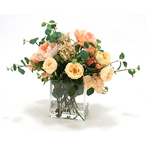 Waterlook ® Traditional Peach and Champagne Garden Mix in Rectangular Glass Vase