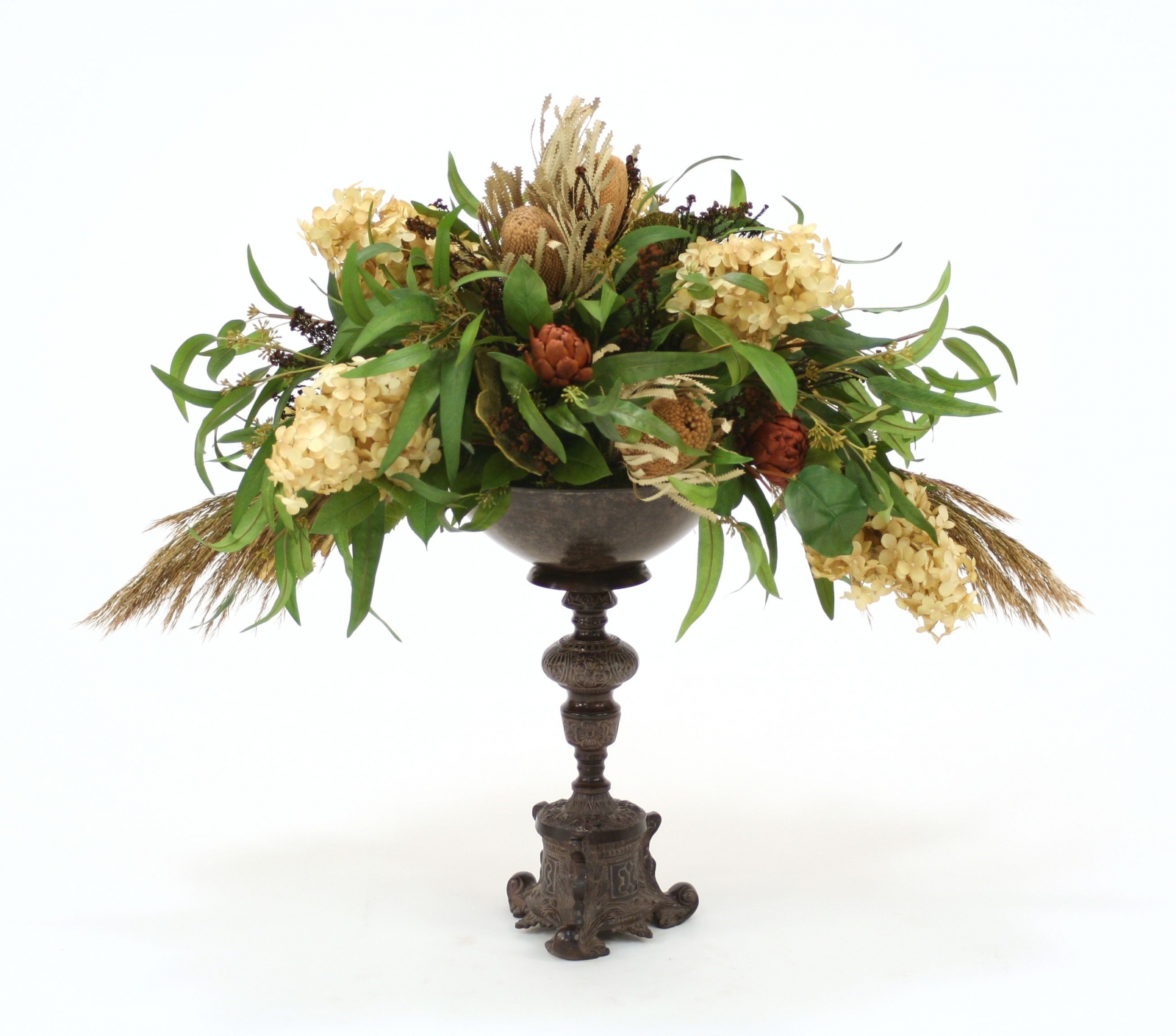 Ivory Hydrangeas with Foliage in Expresso Candlestick Bowl
