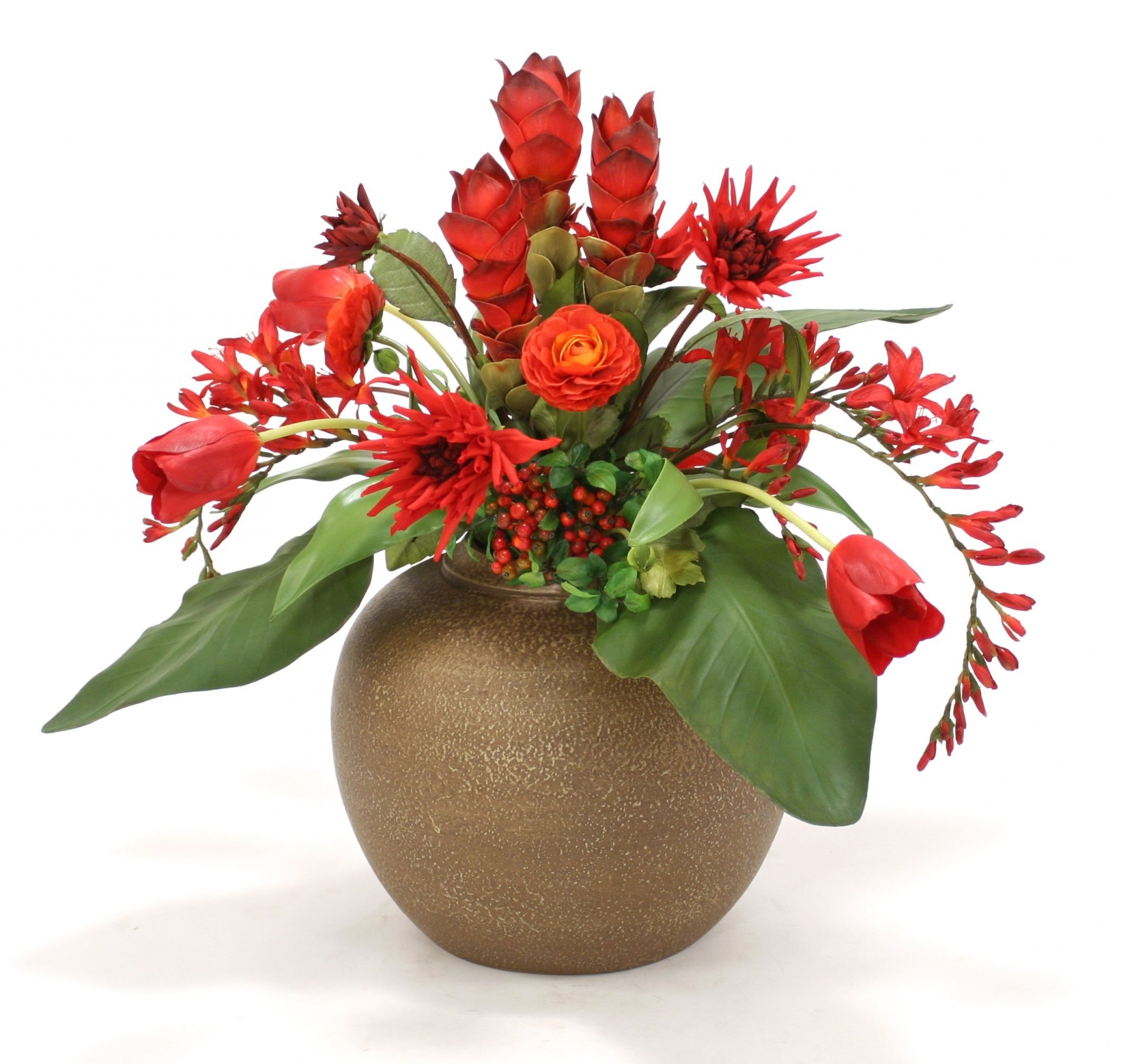 Tropical Fall Mix of Flowers in Fat Tuscan Brown Vase