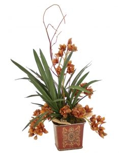 Brown Orchids w/ Blades, Mushrooms in Square Porcelain Planter