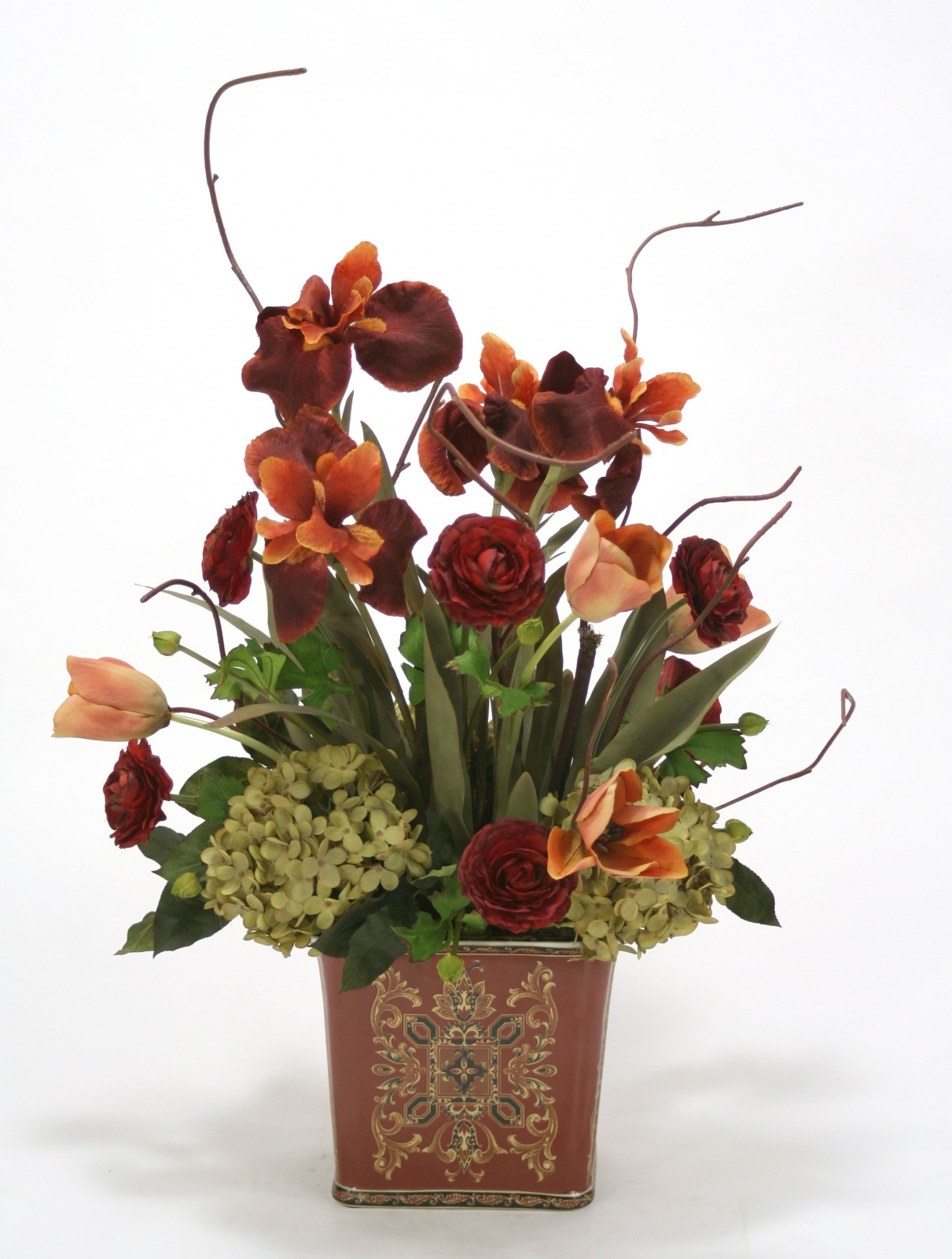 Rust Iris and Ranunculas with Green Hydrangea in Square Porcelain Planter