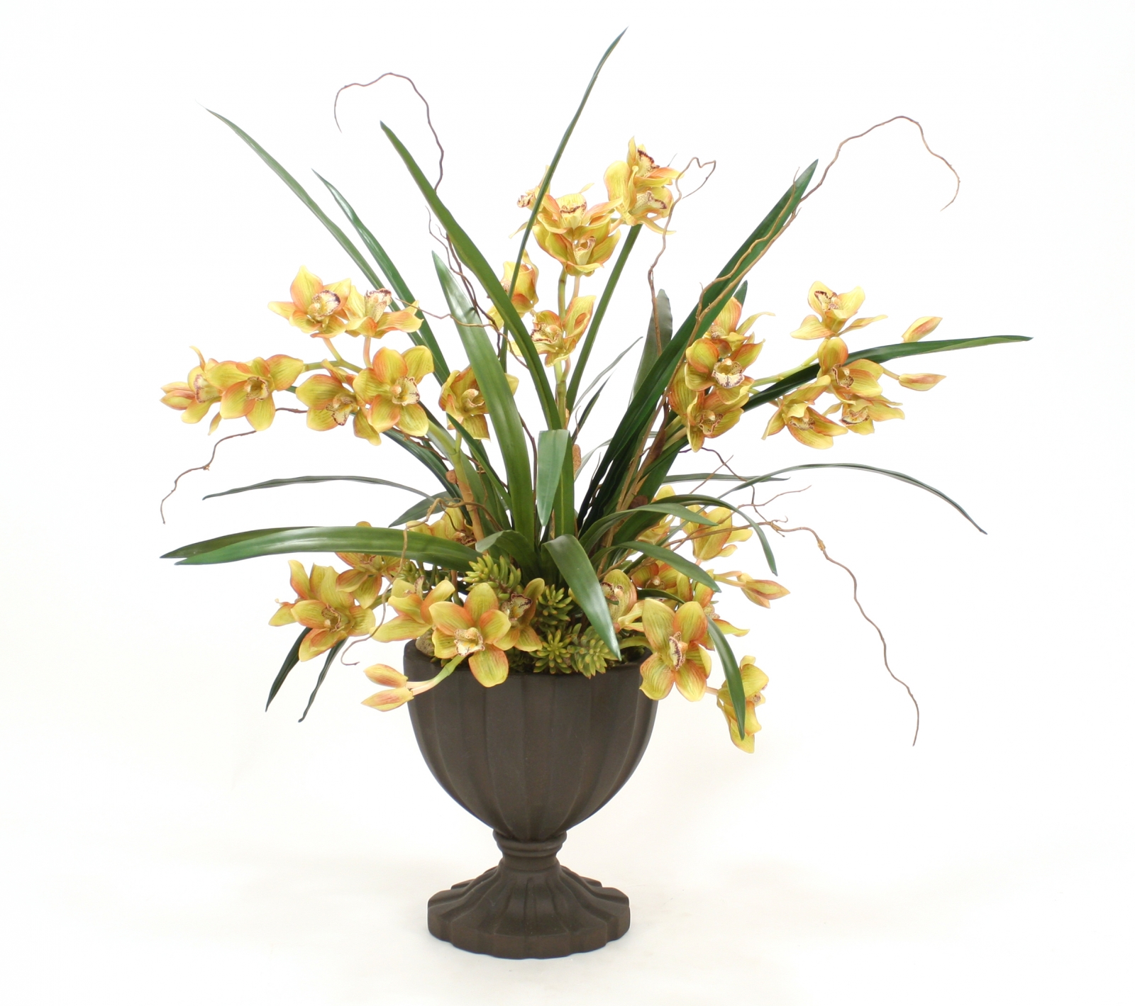 Silk Cymbidium Orchids in Tall Fluted Oval Urn