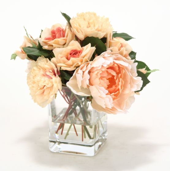 Waterlook (R) Cream Peach Mixture of Peonies and Roses in Clear Glass Cube