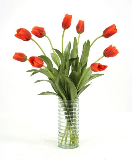 Waterlook (R) Dark Red Orange Tulips In Light Green Ribbed Vase
