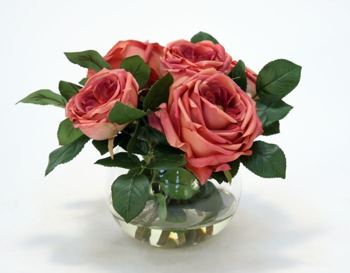 Waterlook (R) Dark Rose Pink Roses And Rose Buds In Small Round Glass Bowl