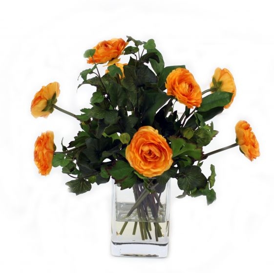 Waterlook (R) Gold Ranunculus with Ivy and Basil in Square Glass Vase