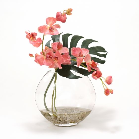 Waterlook (R) Mauve Orchid and Split Philo Leaf in Glass Disk Vase