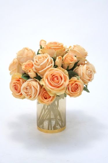 Waterlook (R) Peach Roses In Gold Ringed Class Cylinder Vase