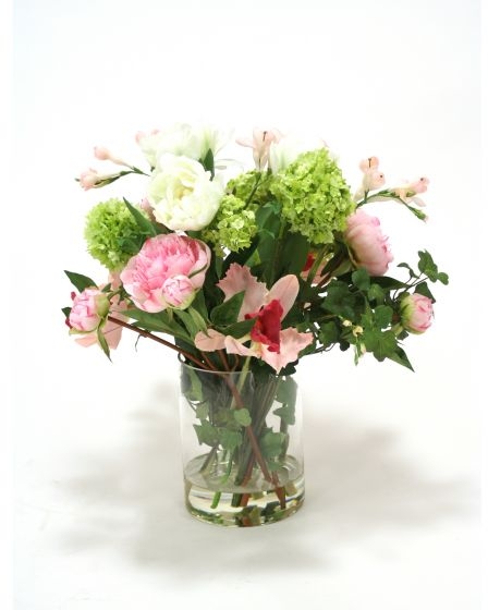 Waterlook (R) Pink Peonies, Cream Ranunculas and Green Hydrangea in Clear Glass Vase